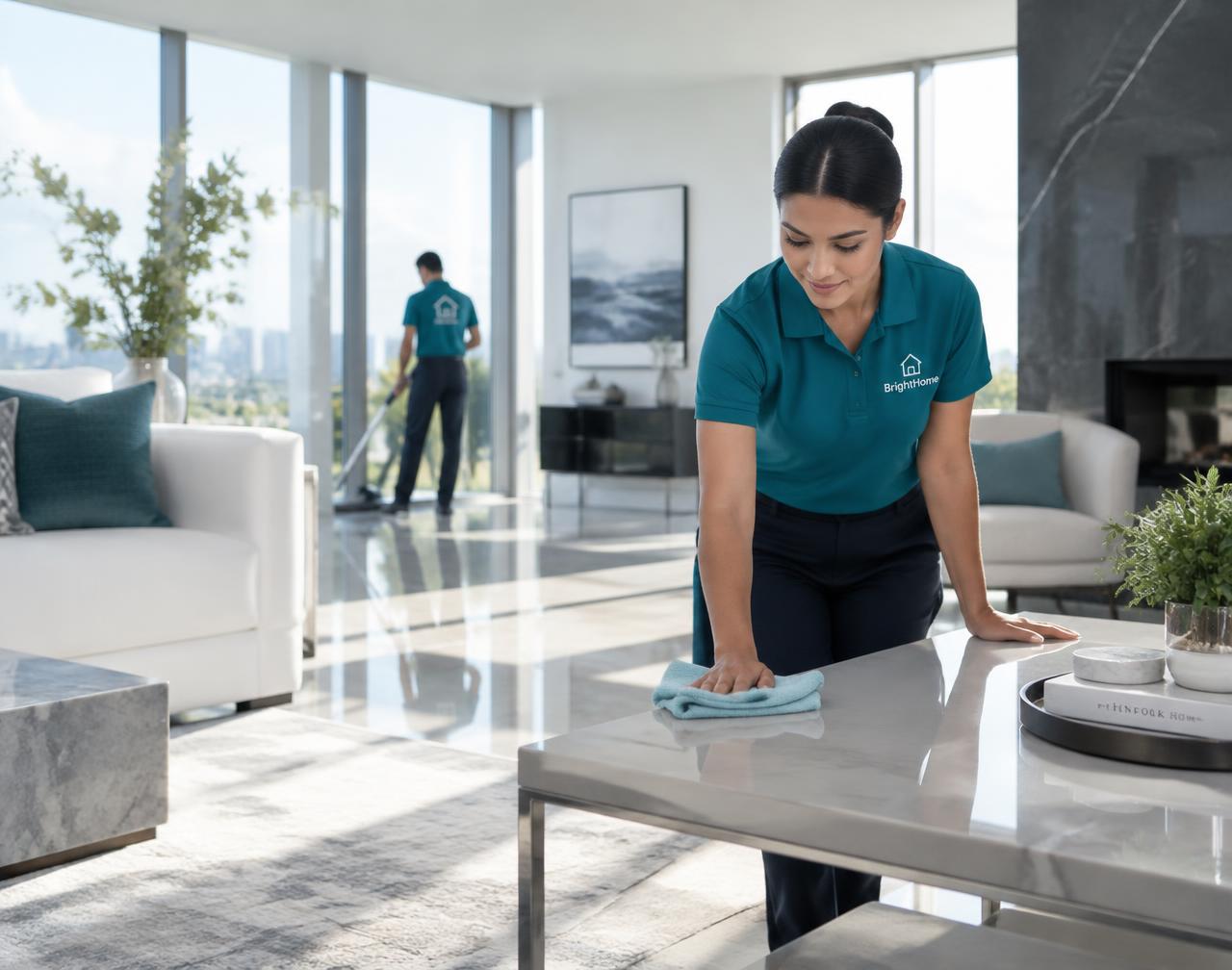 Cleaning professionals finishing a bright, freshly cleaned living room